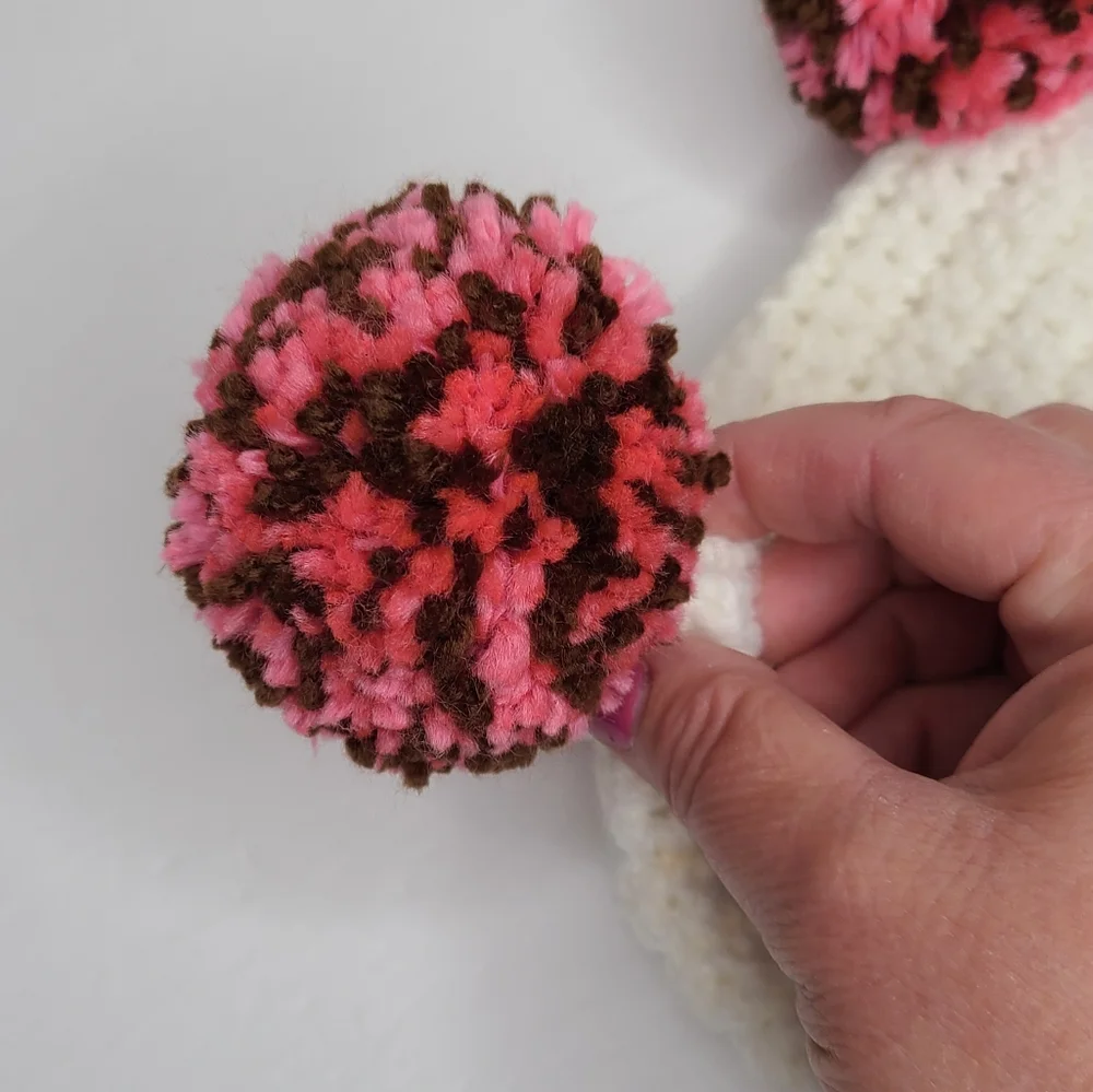 Handmade Knit Toddler Baby Girl Pom Pom Hat Pink White New One Size